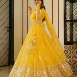 Elegant Yellow Net Embroidered Lehenga Choli for Weddings & Festive Celebrations