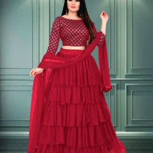 Women's Fancy Ruffle Semi-Stitched Embroidered Lehenga Choli with Dupatta
