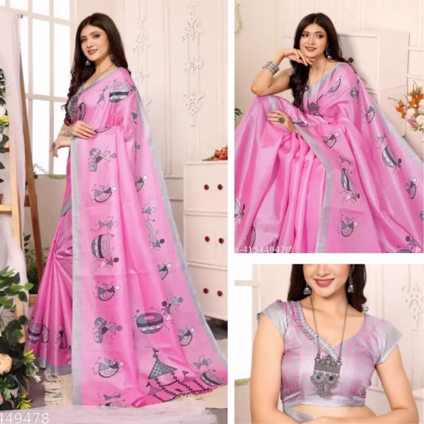 Add this stunning and trendy printed art silk saree to your wardrobe, which gives you a stylish and elegant look on every occasion. This saree is not only beautiful to look at, but is also very comfortable to wear. The blouse material that comes with it makes your outfit even more classy. Key Features: Saree Fabric: Art Silk Pattern: Printed Blouse Material: Available with it Saree Length: Approx 5.2 m Blouse Length: Approx 0.8 m Size: Free Size Care Instructions: Hand Wash Ideal Usage: Party, Function, Festival, Wedding etc Product Origin: India This saree is for women who want a trendy and modern feel even in a traditional look. Make your next outing stylish with this beautiful saree.